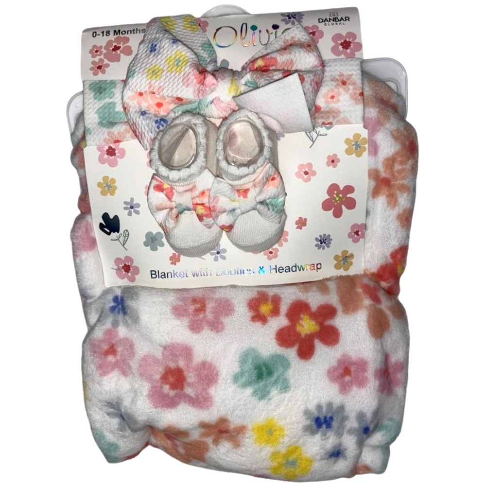 Ava Olivia Baby Girl Plush Flower Blanket Booties‎ Headband Bow Set Gift NWT